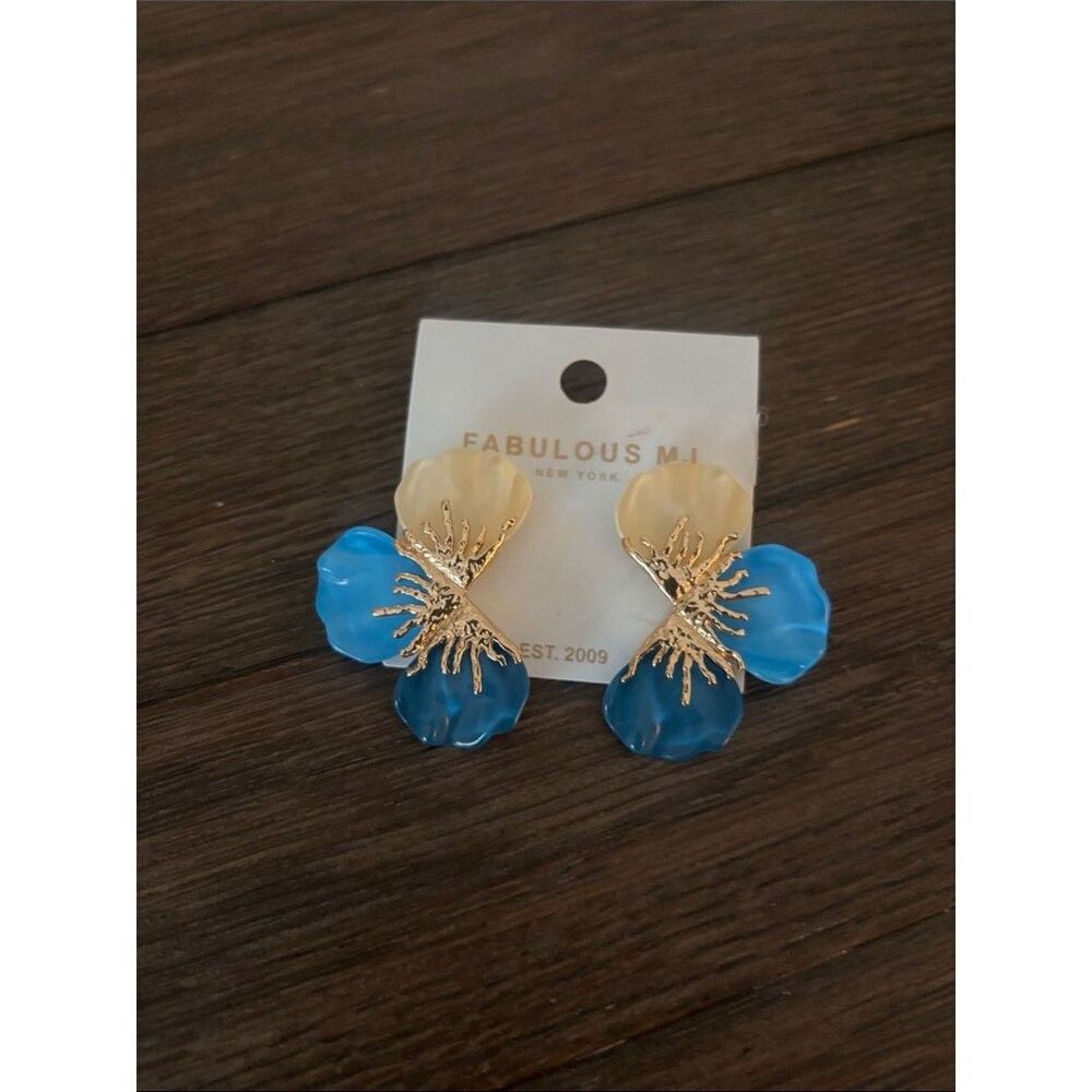 Blue & Cream Floral Drop Earrings